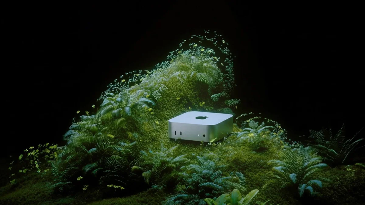Perplexity Personal Computer official hero — Mac mini trong khu rừng phát sáng