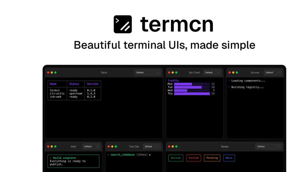 termcn — Beautiful terminal UIs, made simple — ảnh các component Table, Bar Chart, Spinner, Alert, Tool Call, Badge