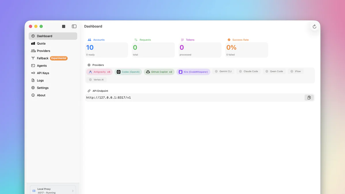Quotio dashboard hiển thị accounts, requests, tokens, success rate và provider list