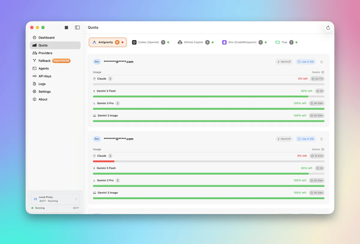 Quota screen hiển thị per-account bars với Claude 0% left, Gemini 3 Flash/Pro/Image 83-100% left