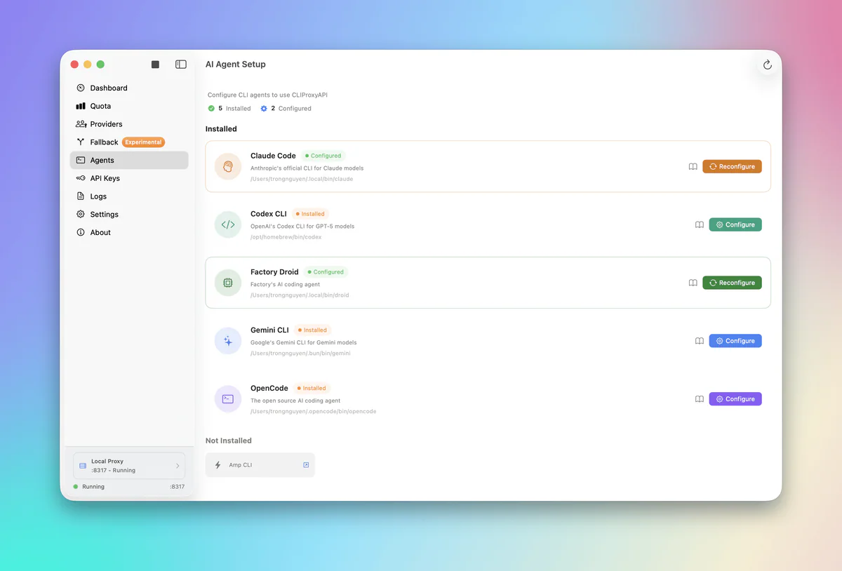 AI Agent Setup hiển thị Claude Code Configured, Codex CLI Installed, Factory Droid Configured, Gemini CLI, OpenCode