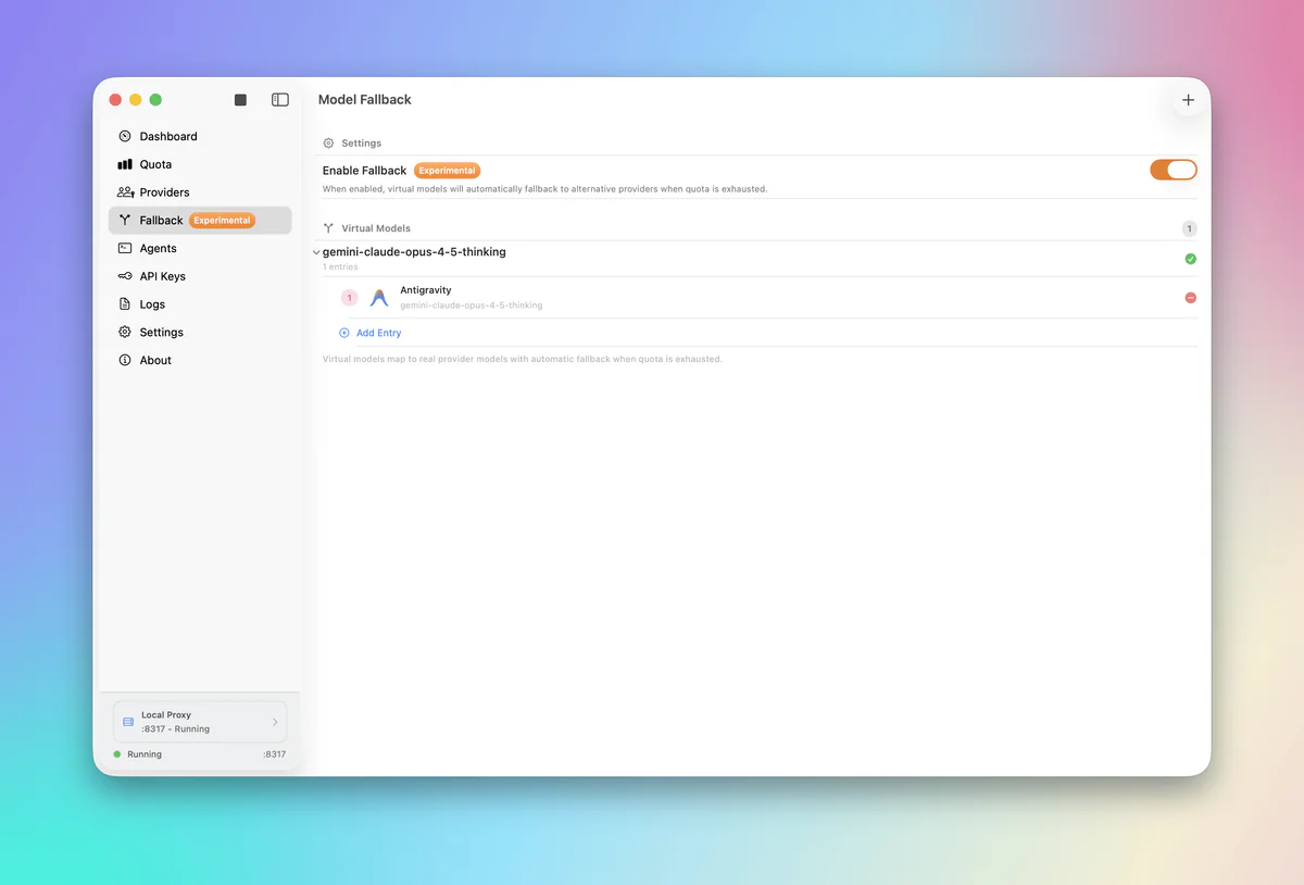 Model Fallback screen với virtual model gemini-claude-opus-4-5-thinking map xuống Antigravity provider