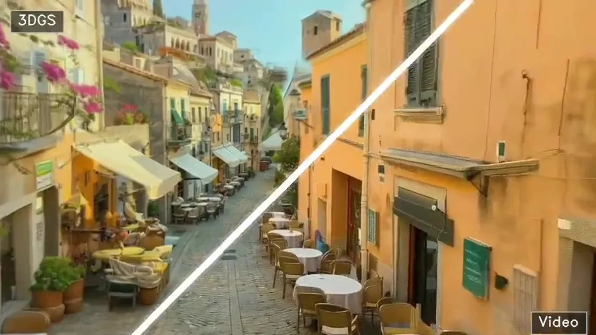 Ảnh phố Ý một nửa là video input, một nửa là 3D Gaussian scene do Lyra 2.0 sinh ra