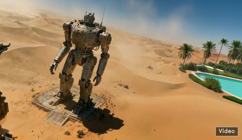 Mech robot đứng giữa cảnh sa mạc do Lyra 2.0 sinh ra từ một tấm ảnh input