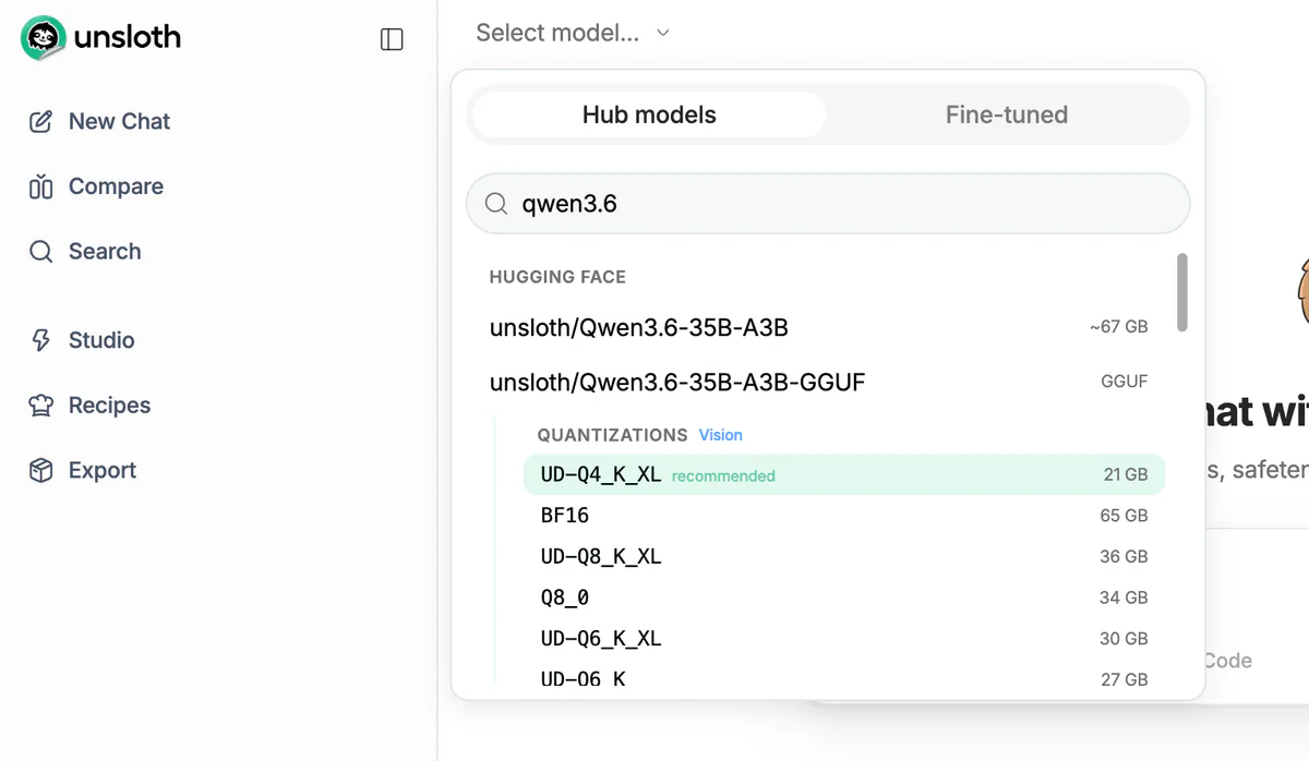 Search và download Qwen3.6 GGUF quants bên trong Unsloth Studio