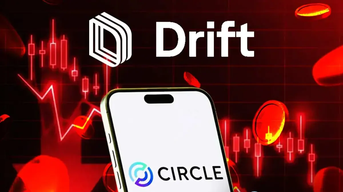 Logo Drift và Circle trên nền biểu đồ nến đỏ đi xuống