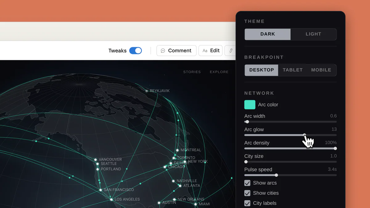 Giao diện Claude Design với theme toggle, breakpoint và custom slider