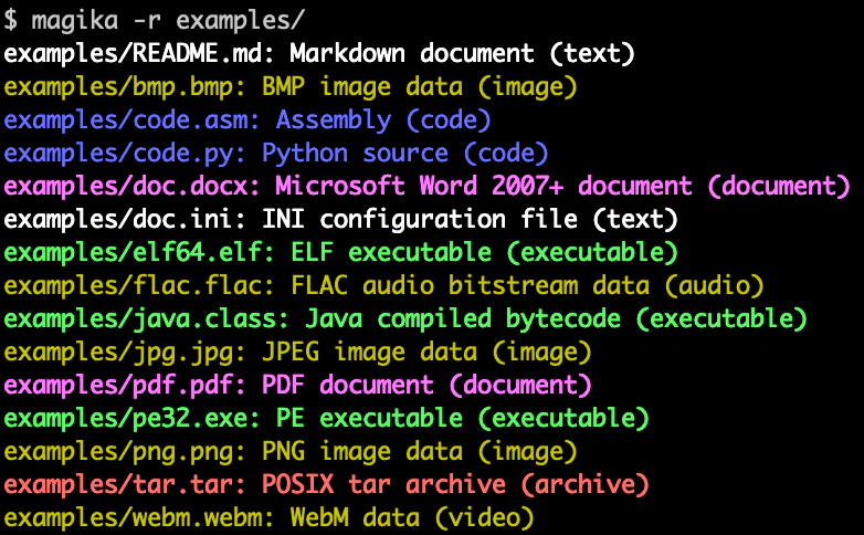 Magika CLI tự động phát hiện các loại file khác nhau: Markdown, Python, Word document, ELF executable, Java bytecode, PDF, PE executable, tar archive, WebM video