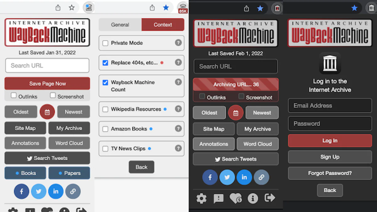 Wayback Machine extension popup giao diện chính