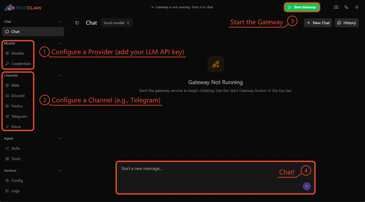 PicoClaw WebUI launcher với các bước setup Provider, Channel, Gateway