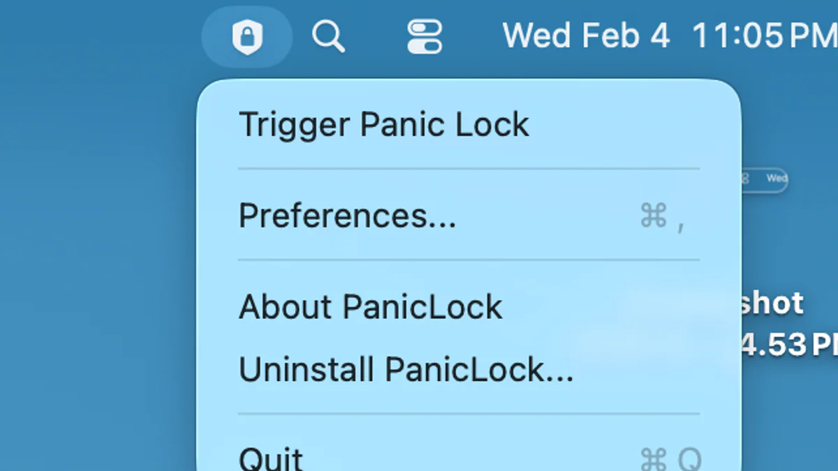 PanicLock menu bar với các tùy chọn Trigger Panic Lock, Preferences, About, Uninstall, Quit