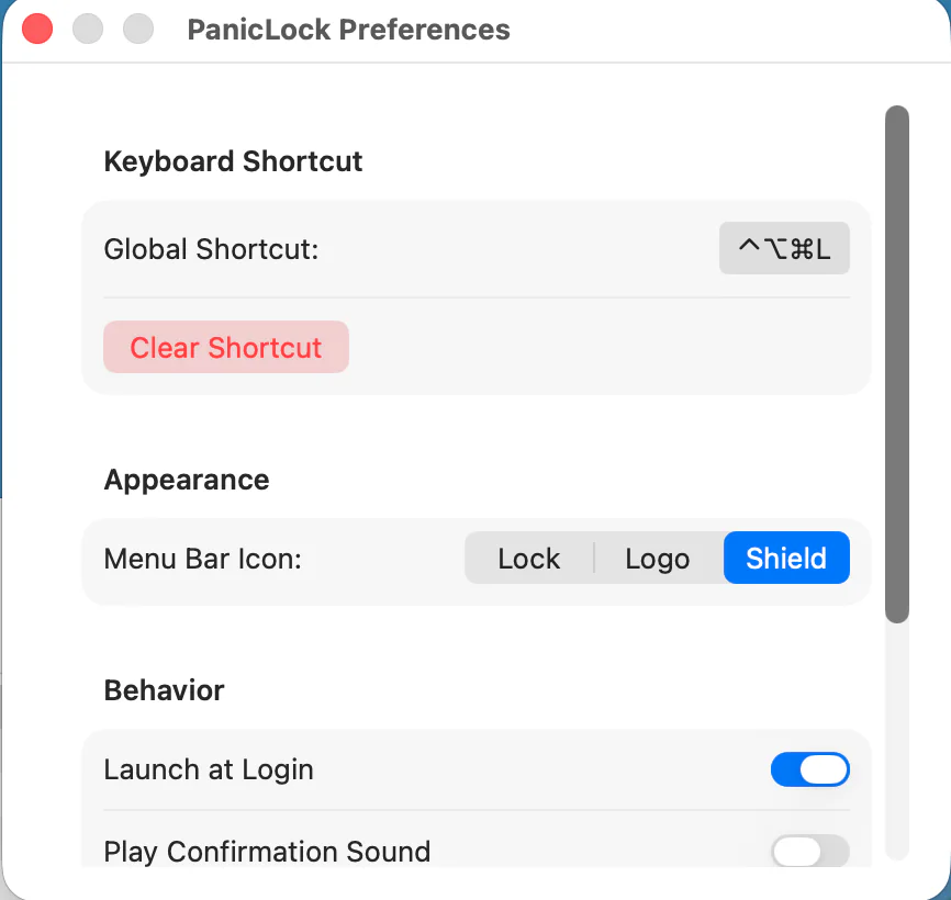 Cửa sổ PanicLock Preferences với cài đặt phím tắt toàn cục và biểu tượng menu bar