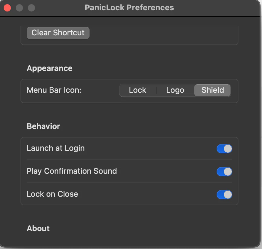 Tùy chọn Lock on Close trong PanicLock Preferences
