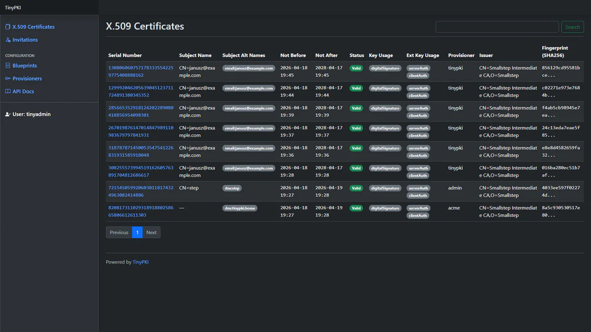 Giao diện TinyPKI hiển thị index X.509 certificates của Step CA