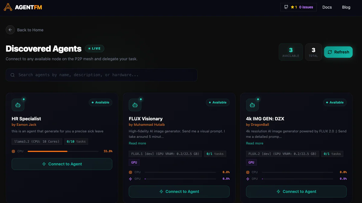 AgentFM Discovered Agents web UI listing 3 live workers