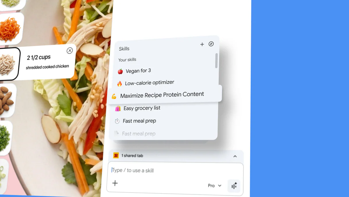 Chrome Skills sidebar showing saved AI workflows on a recipe page