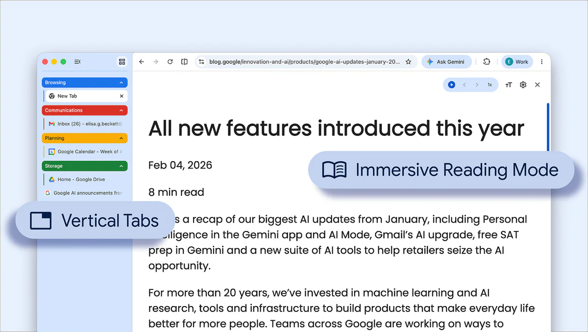 Chrome vertical tabs sidebar and immersive reading mode in action