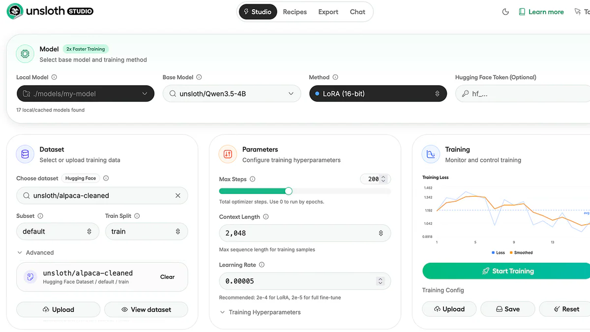 Unsloth Studio UI — chọn model, dataset và chạy training trong một cửa sổ