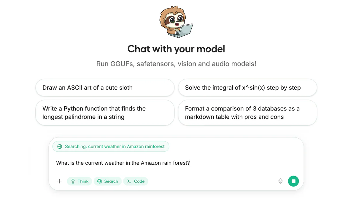 Chat UI của Unsloth Studio với nút Think, Search, Code cho sandboxed tool calling