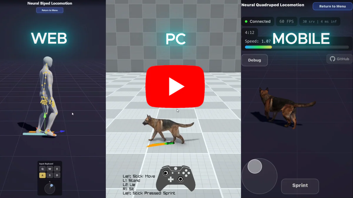 AI4AnimationPy web, PC, mobile demos side-by-side