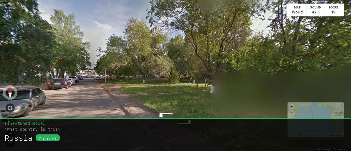 Moondream fine-tuned model predicts Russia correctly on GeoGuessr