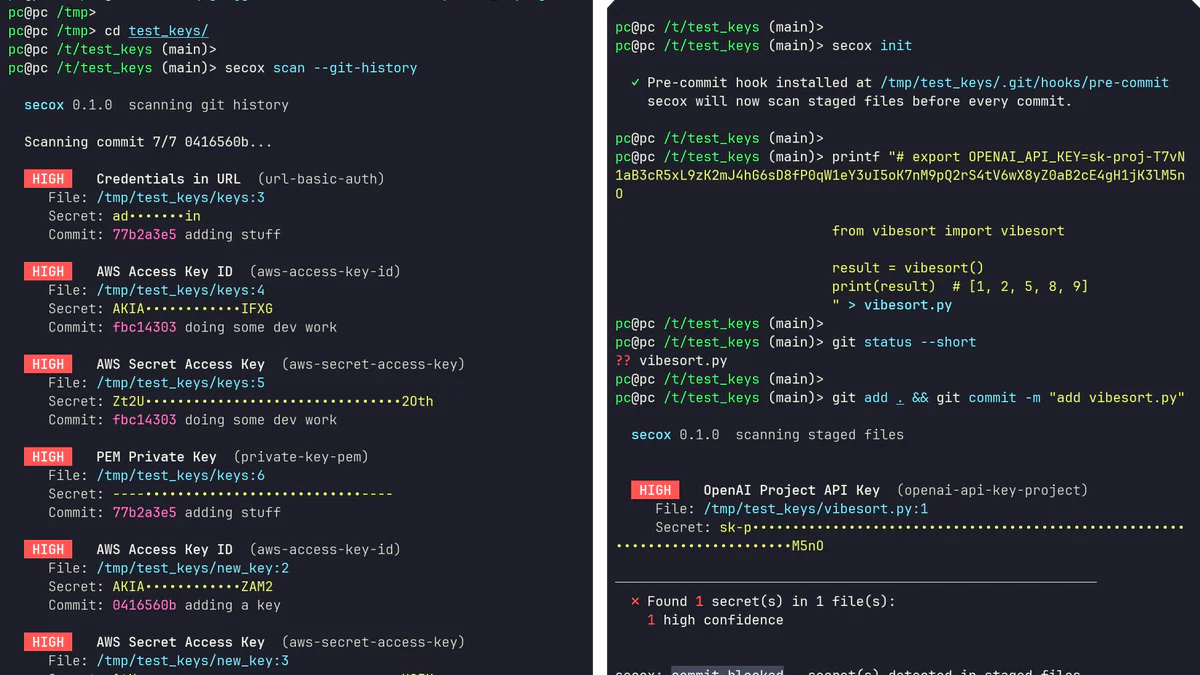 secox CLI scan phát hiện HIGH-severity AWS Access Key, PEM private key và OpenAI Project API key
