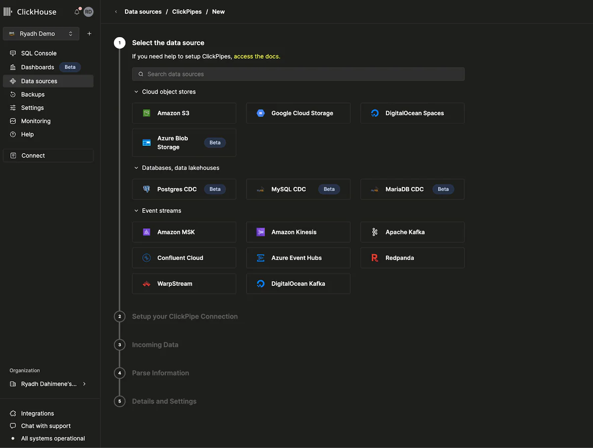 ClickPipes data source selection UI
