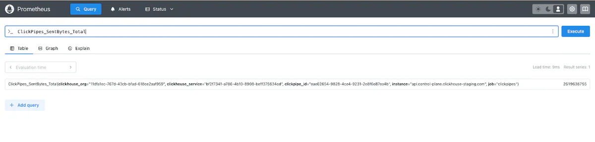 Prometheus query for ClickPipes_SentBytes_Total