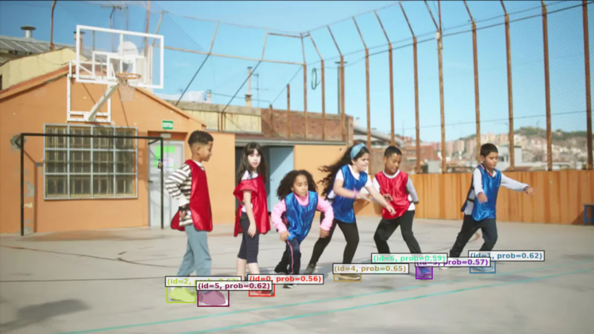 SAM-3 Lite-Text text-prompt segmentation demo on a group of people playing basketball