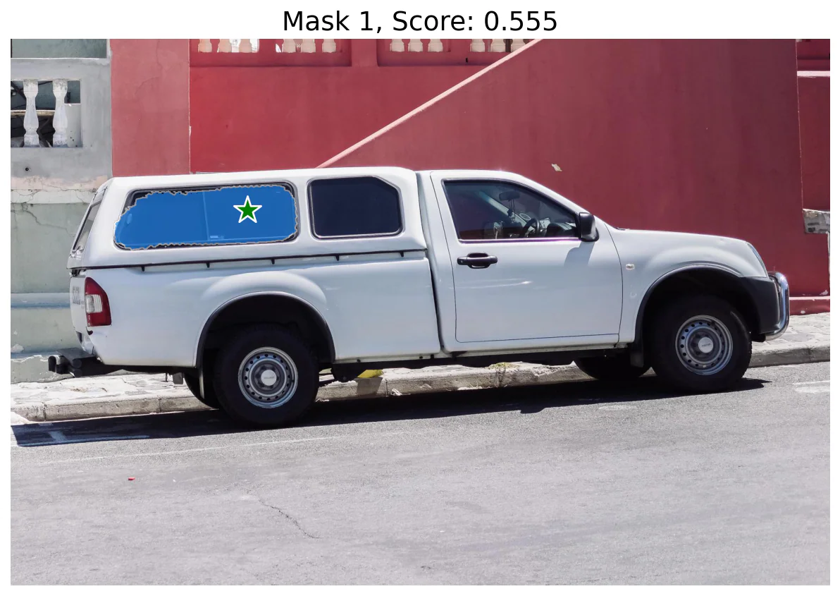 SAM-3 image-prompt segmentation demo — mask over a truck with a star marker indicating the exemplar point