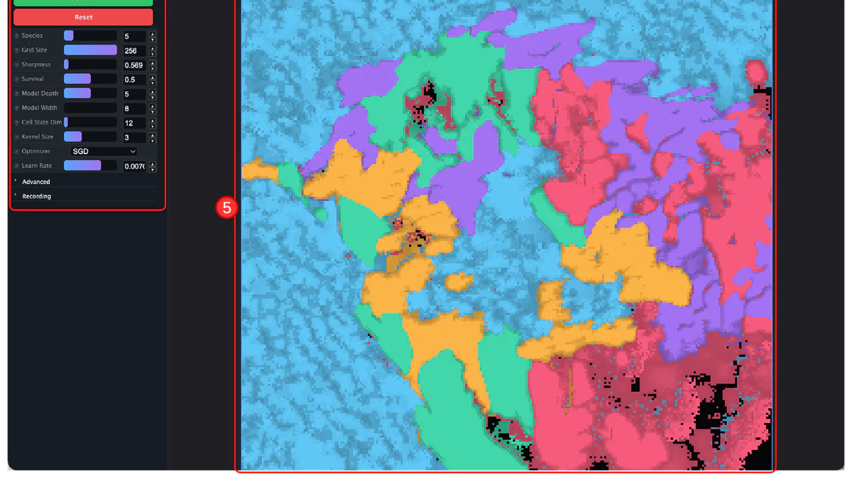 Digital Ecosystems browser interface with five neural species competing in a 256x256 Petri dish