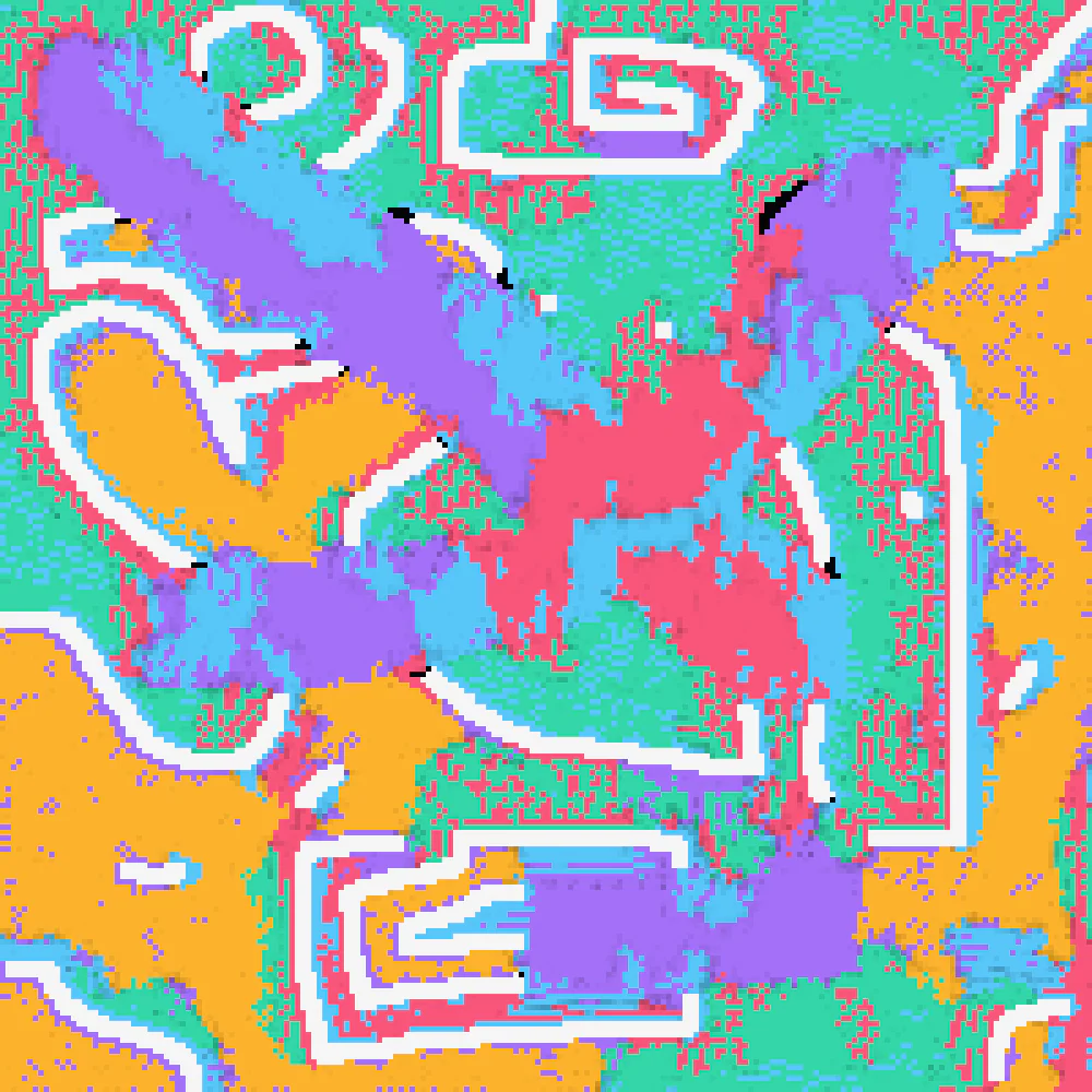 Case Study 5: five species hugging hand-drawn walls as defensible safe zones on a 200x200 grid