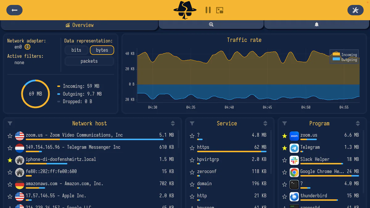 Sniffnet overview dashboard: live traffic chart, network hosts, services, programs