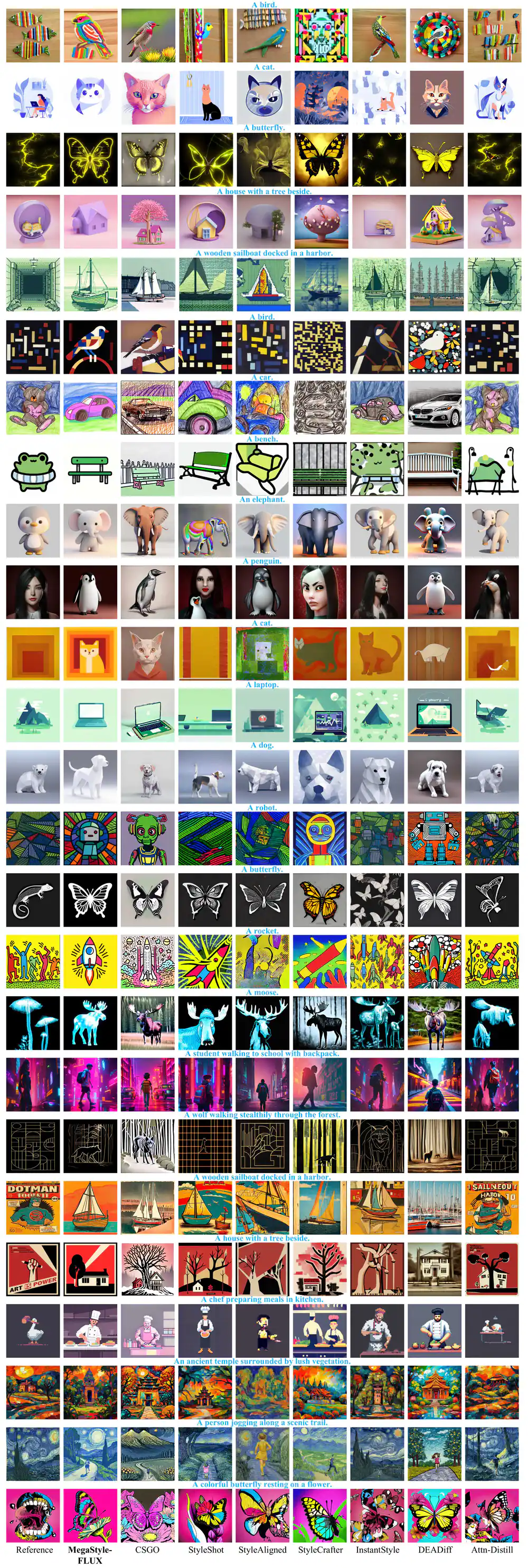 So sánh định tính MegaStyle-FLUX với 7 baseline SOTA