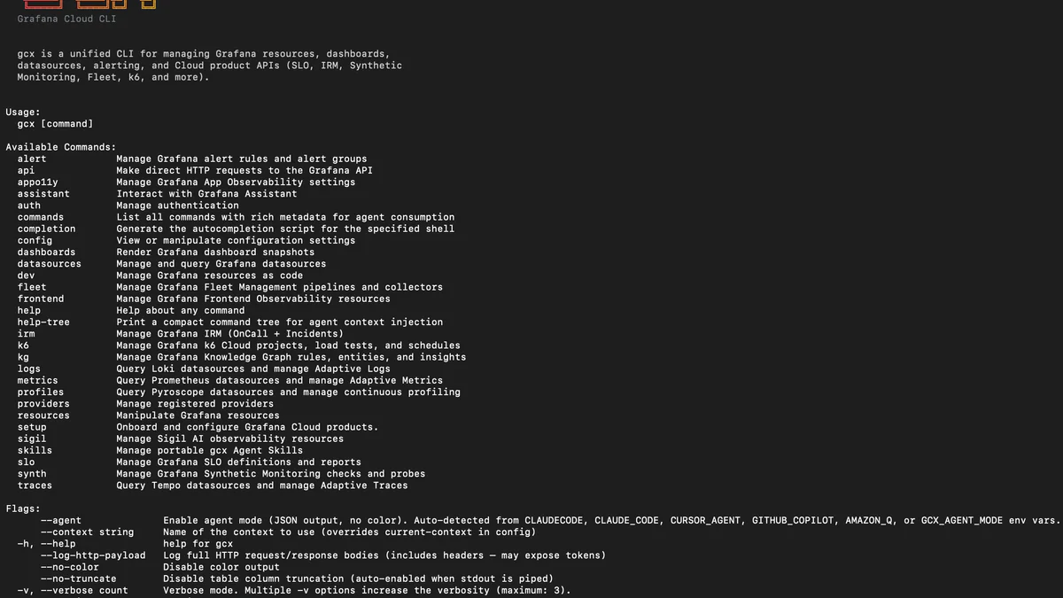 GCX — Grafana Cloud CLI help output