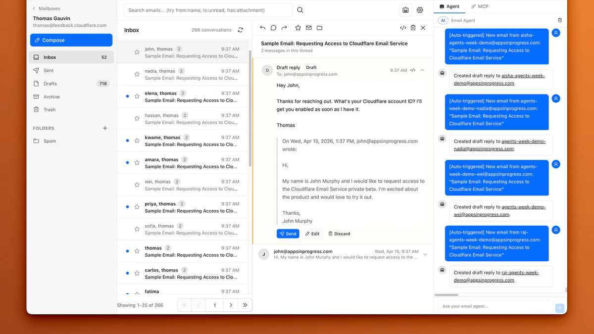 Agentic Inbox demo — email client UI with AI agent panel on the right