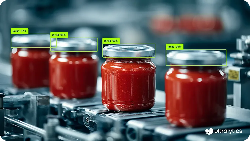 YOLO26 detect jar lid trên dây chuyền sản xuất với confidence 97-99%