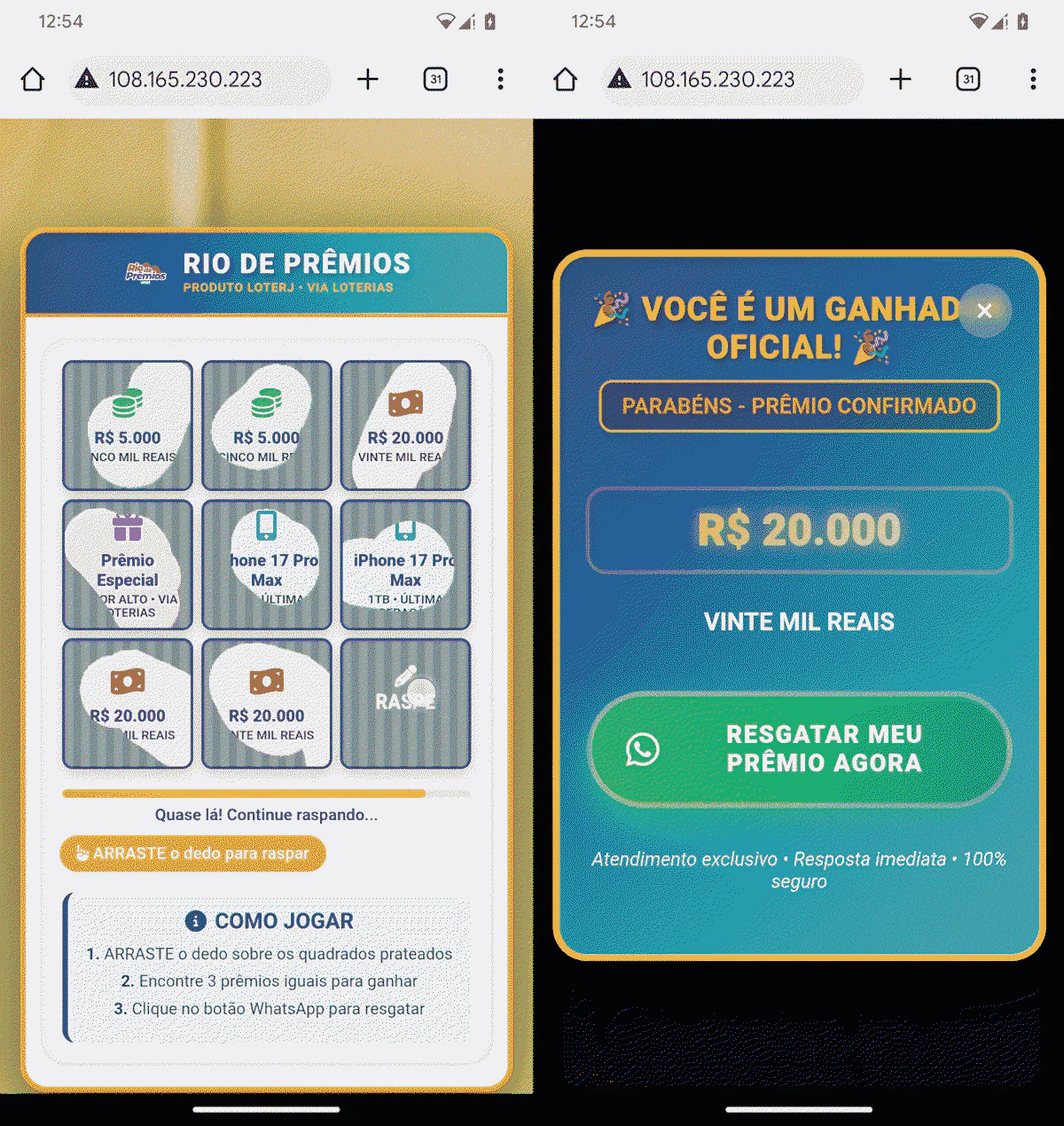Fake Rio de Premios scratch card always wins R$20,000