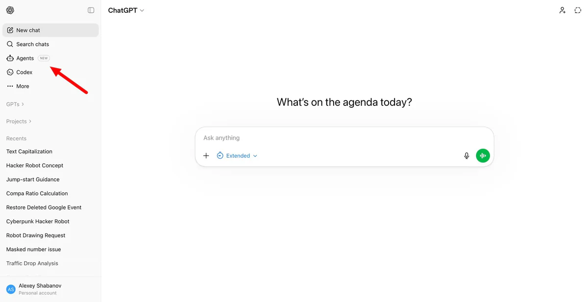 ChatGPT sidebar mới với tab Agents badge NEW