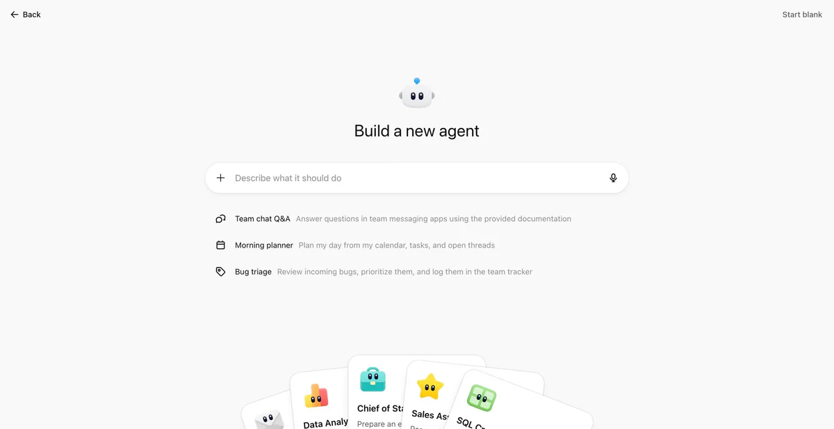 Build a new agent với templates Team chat Q&A, Morning planner, Bug triage