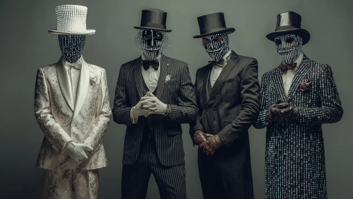 The Gentlemen ransomware nhóm bốn nhân vật đeo mặt nạ pixel trong suit