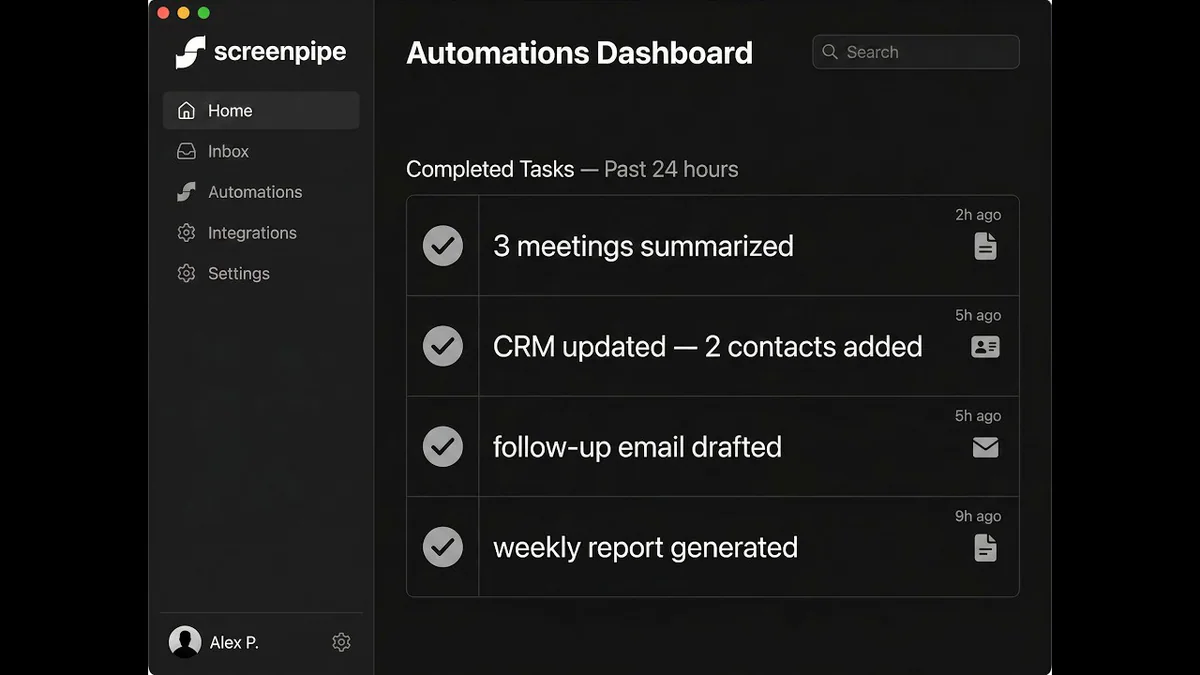 Automations Dashboard của Screenpipe hiển thị các task tự động: tóm tắt họp, cập nhật CRM, soạn email follow-up
