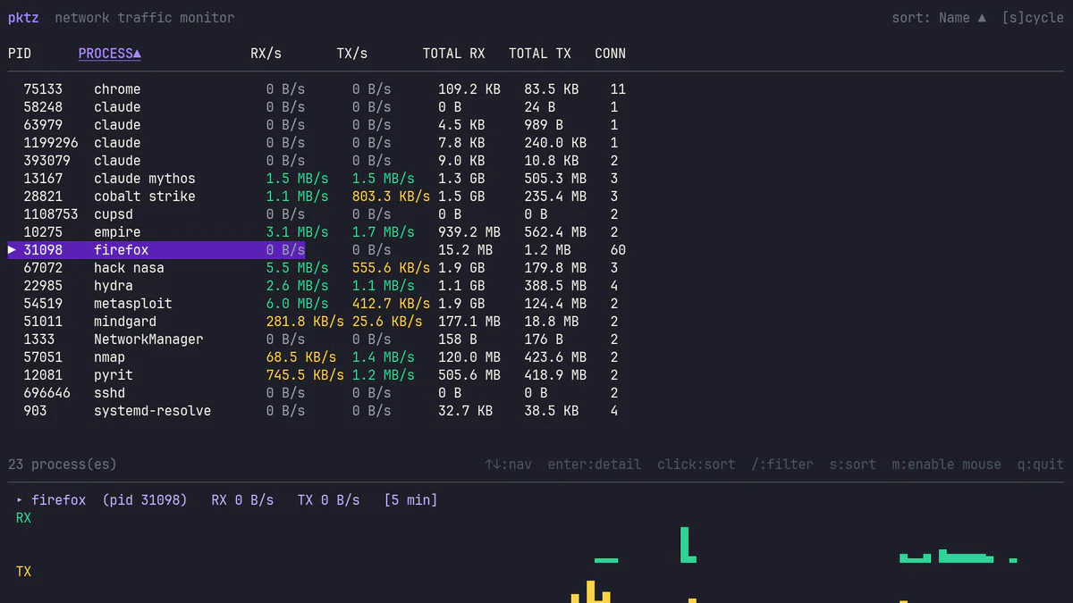 pktz TUI — per-process eBPF network traffic monitor