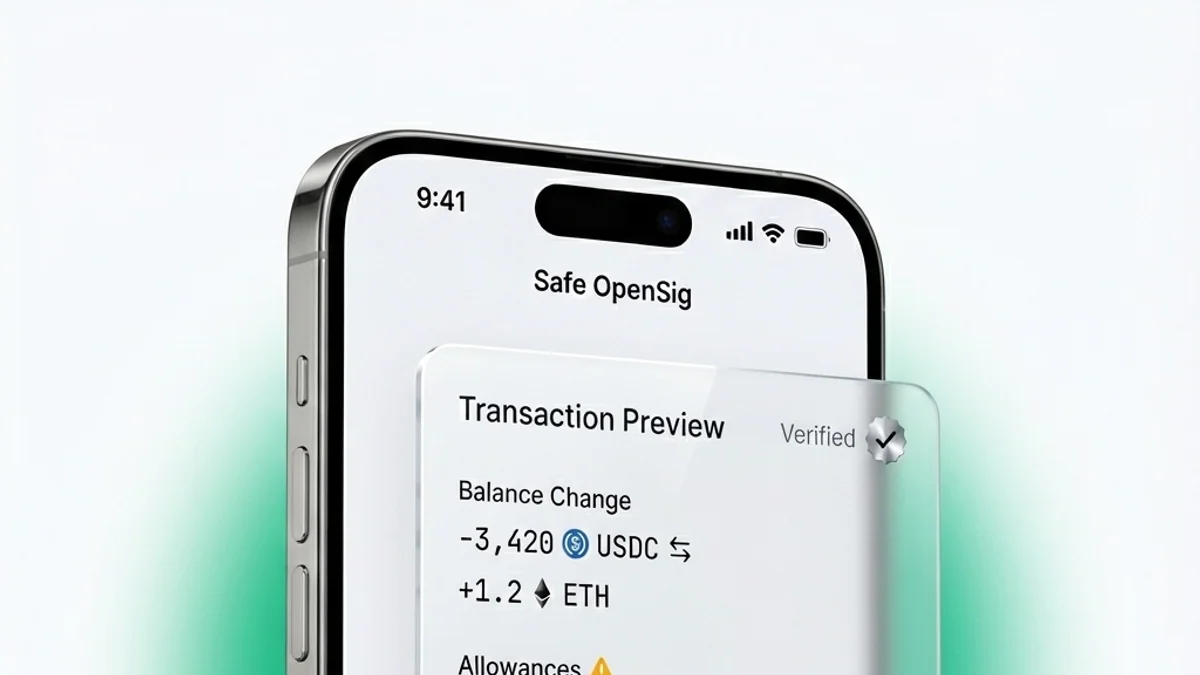 Safe OpenSig hiển thị preview giao dịch với balance change và cảnh báo allowance