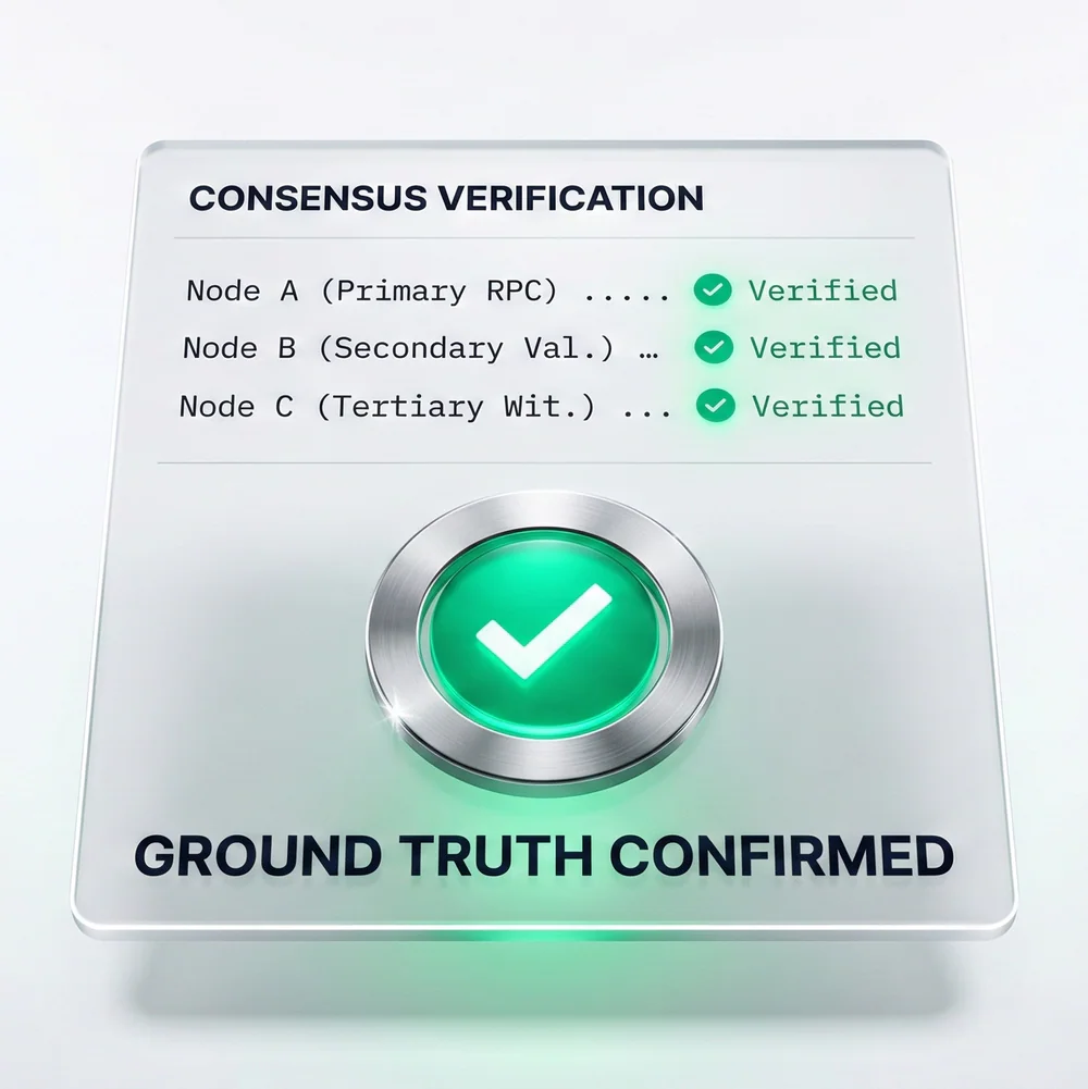 Sơ đồ xác minh consensus: Node A, B, C cùng xác nhận ground truth trước khi ký