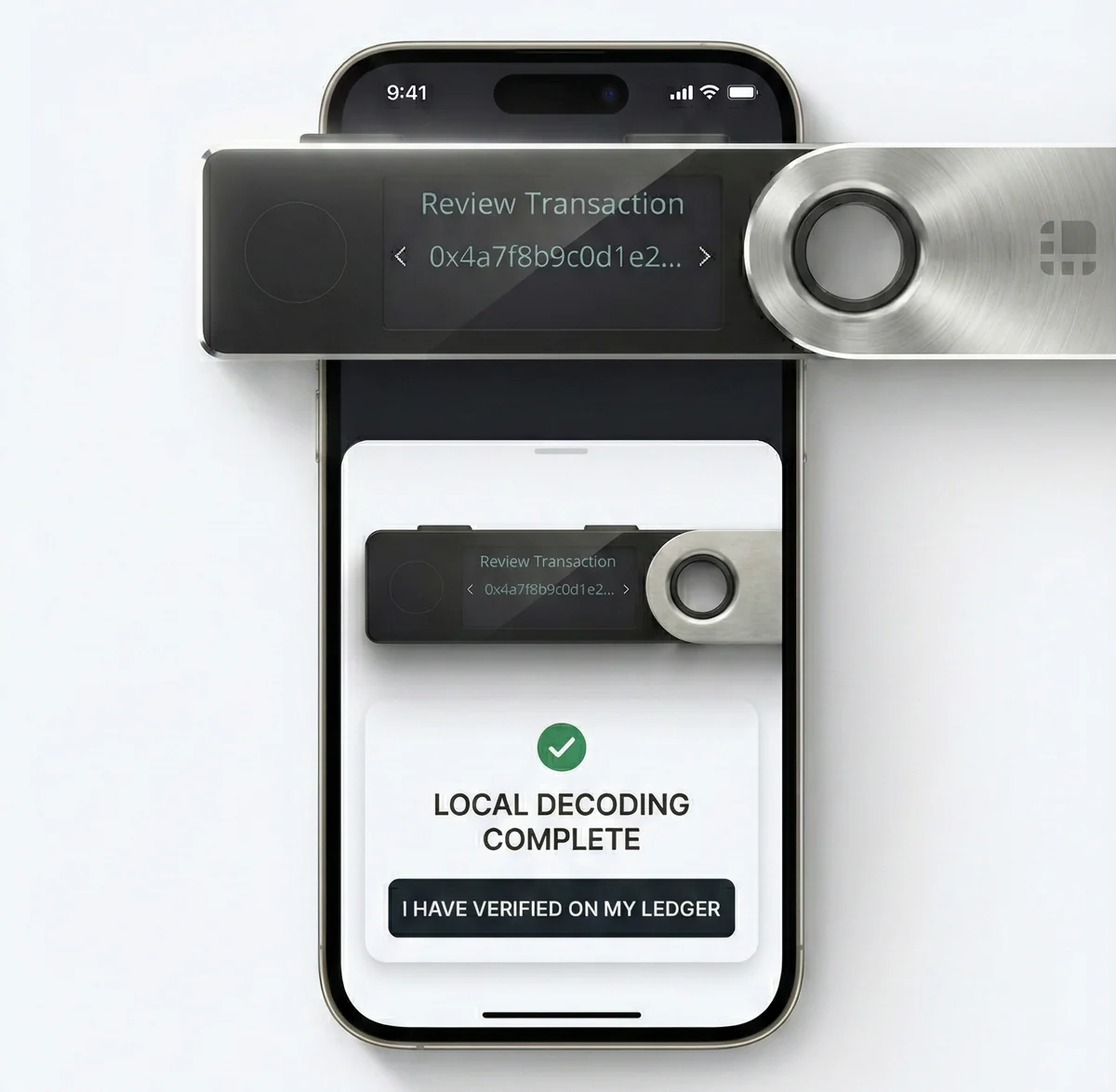 Màn hình điện thoại hiển thị mirror pixel-perfect của Ledger Nano với nút 'I have verified on my Ledger'