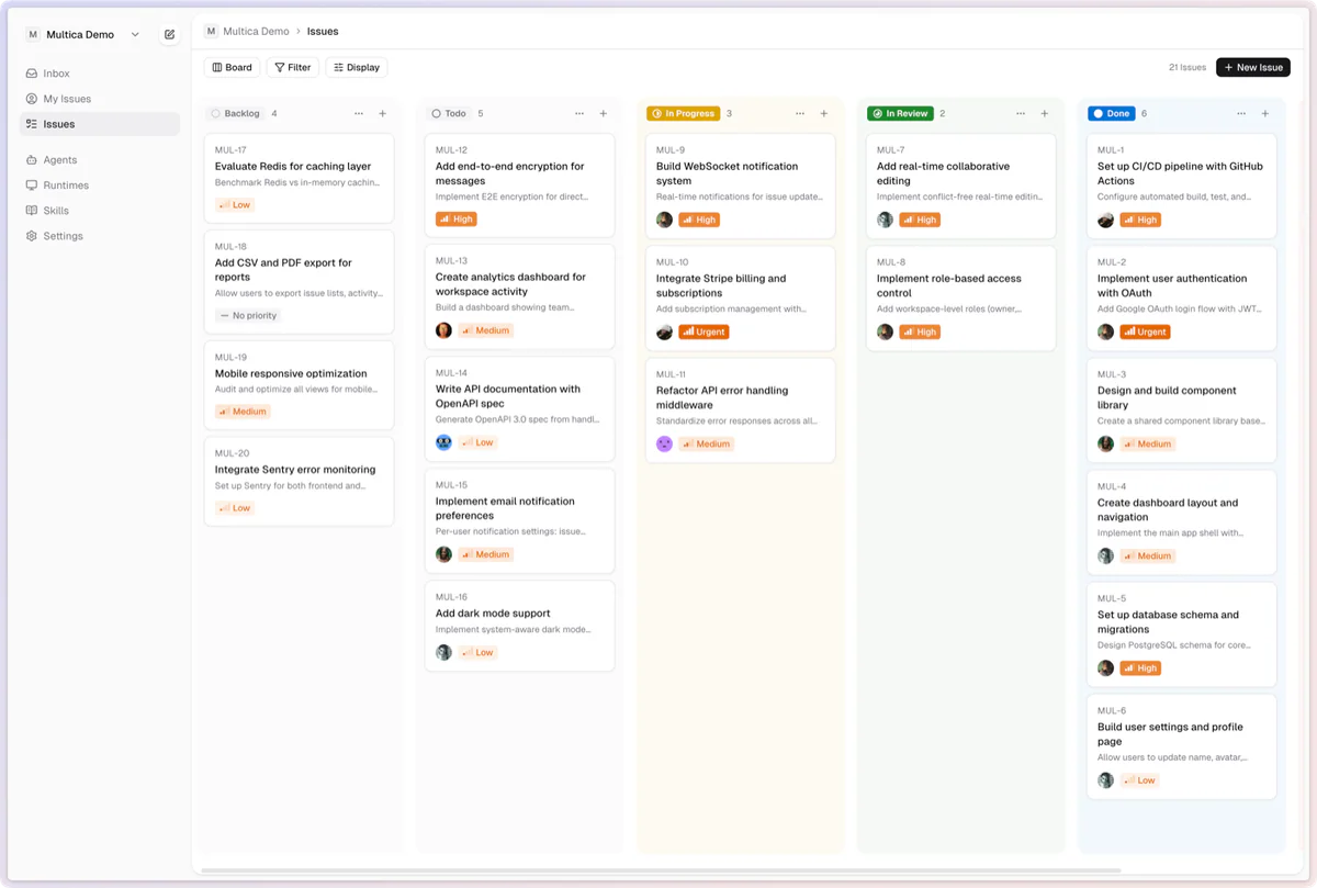 Giao diện board của Multica với các issue được gán cho agent