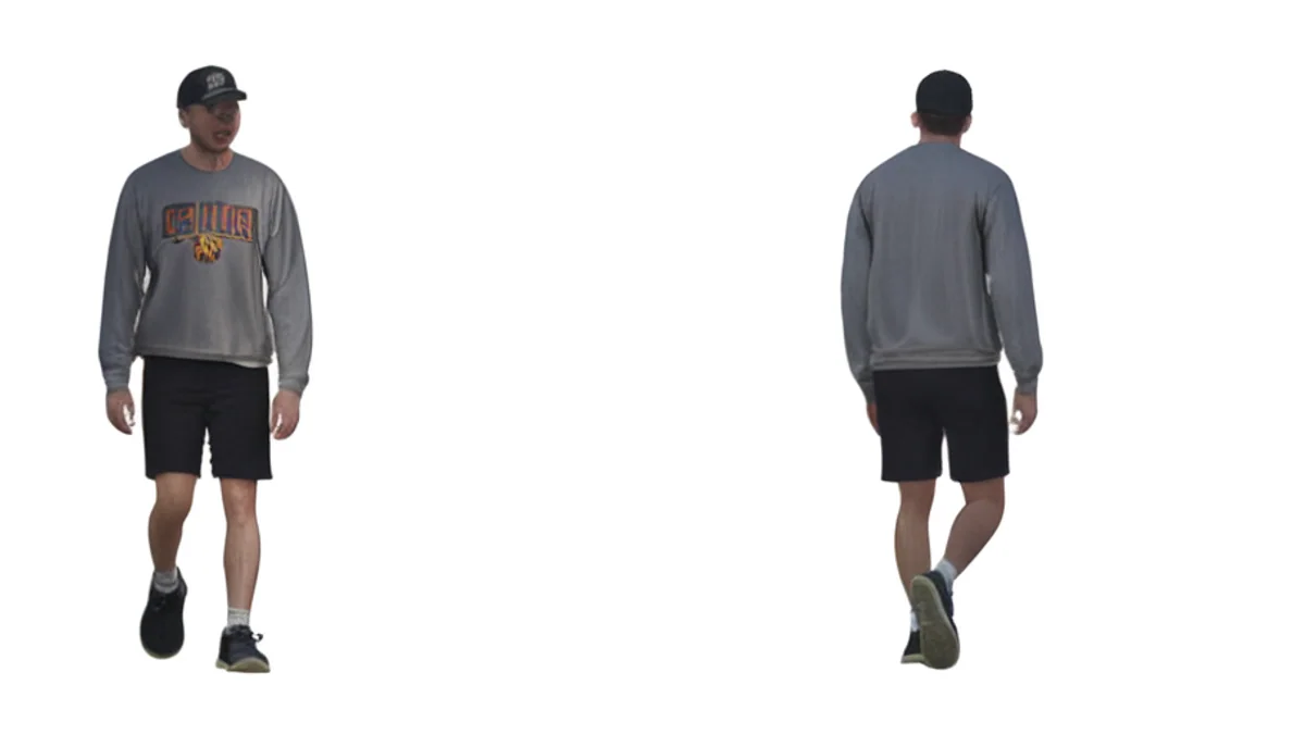 Asset Harvester — front and back views of a pedestrian asset reconstructed from sparse input