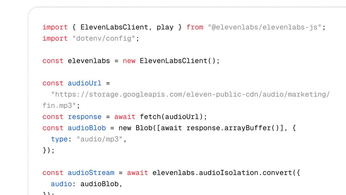 Voice Isolator API code example using the ElevenLabs JS SDK