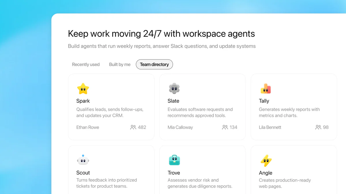 ChatGPT Agents tab hiển thị Workspace Agents library với team directory